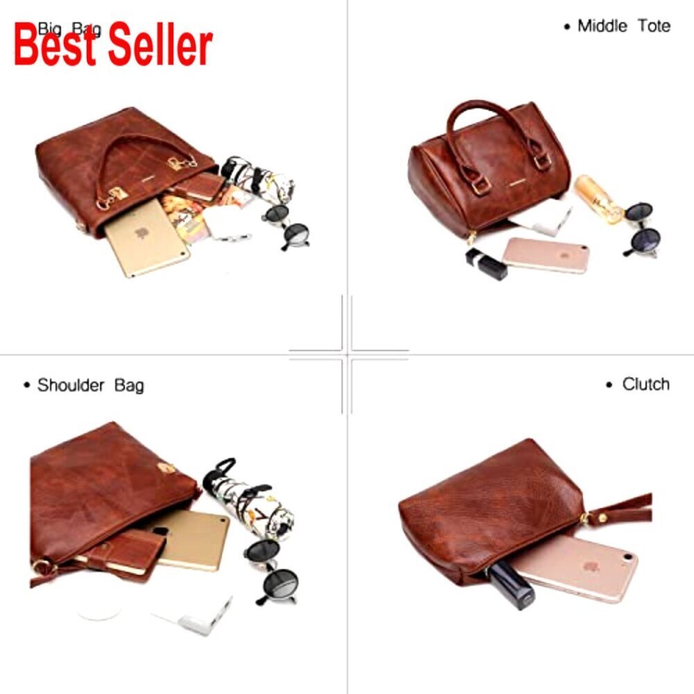 Faux Leather Tote Satchel Shoulder Bag Set with Adjustable Strap - Picture 5 of 6